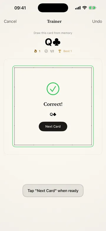 Trainer mode grading a drawn frame as correct, showing the streak counter